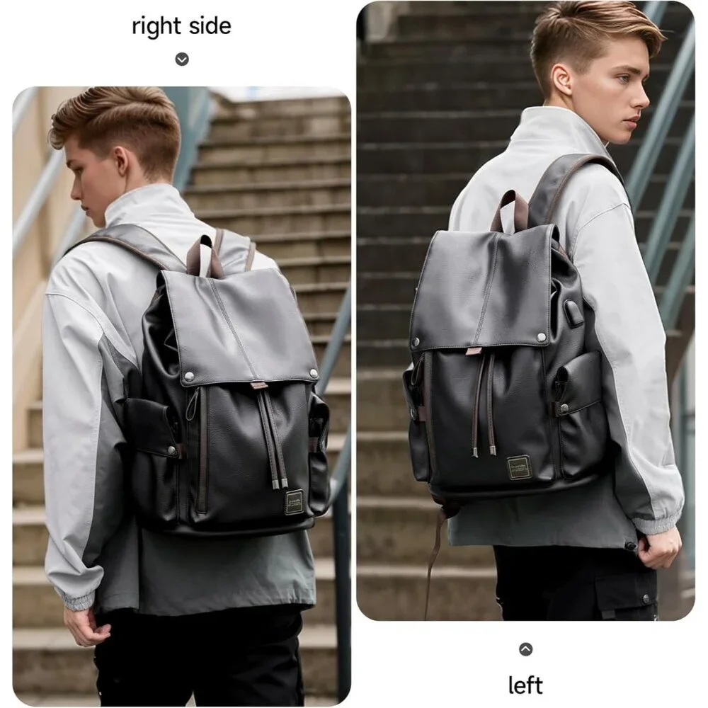 Men's Black Vintage Pu Leather Water-resistant College Casual 15.6